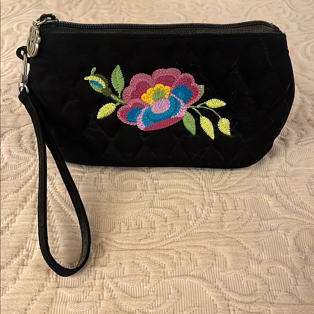 Vera Bradley Black and Pink Floral Embroidered Wristlet